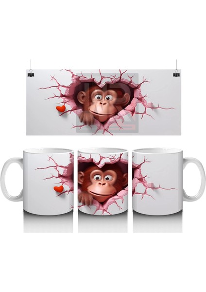 Pembe Çatlak Zeminden Bakan Sevimli Maymun Figürü - Baskılı Kahve Kupası