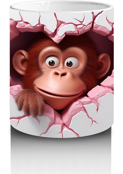 Pembe Çatlak Zeminden Bakan Sevimli Maymun Figürü - Baskılı Kahve Kupası modelleri