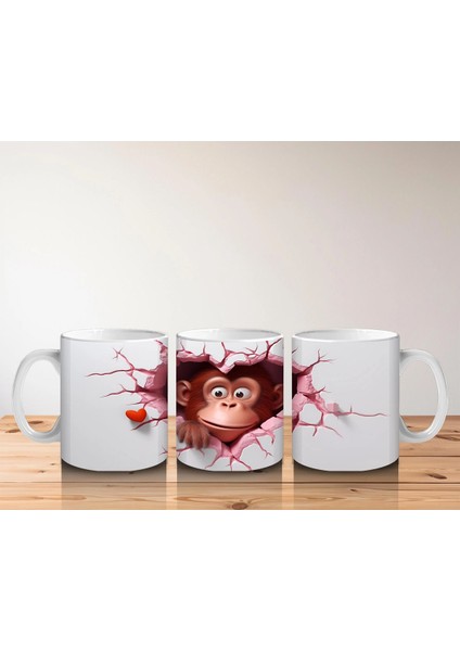 Pembe Çatlak Zeminden Bakan Sevimli Maymun Figürü - Baskılı Kahve Kupası indirimleri