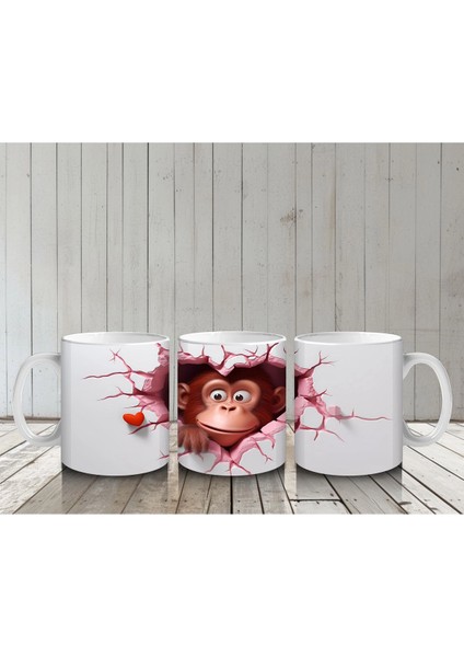Pembe Çatlak Zeminden Bakan Sevimli Maymun Figürü - Baskılı Kahve Kupası