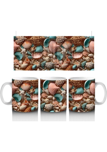 Deniz Kabuğu ve Mercan Desenleriyle Süslenmiş Okyanus Temalı Kompozisyon - Baskılı Kahve Kupası