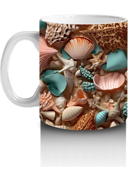 Deniz Kabuğu ve Mercan Desenleriyle Süslenmiş Okyanus Temalı Kompozisyon - Baskılı Kahve Kupası fiyatları