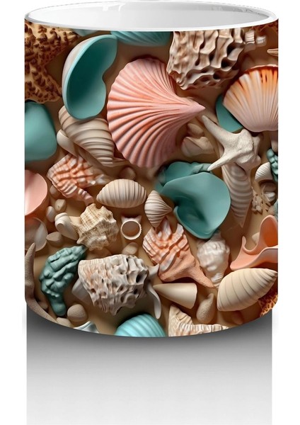 Deniz Kabuğu ve Mercan Desenleriyle Süslenmiş Okyanus Temalı Kompozisyon - Baskılı Kahve Kupası modelleri