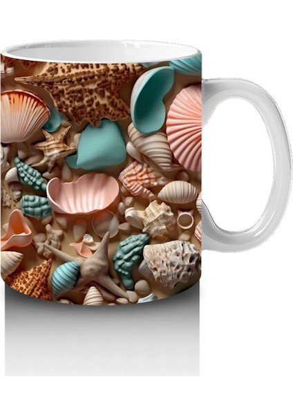 Deniz Kabuğu ve Mercan Desenleriyle Süslenmiş Okyanus Temalı Kompozisyon - Baskılı Kahve Kupası fırsatları