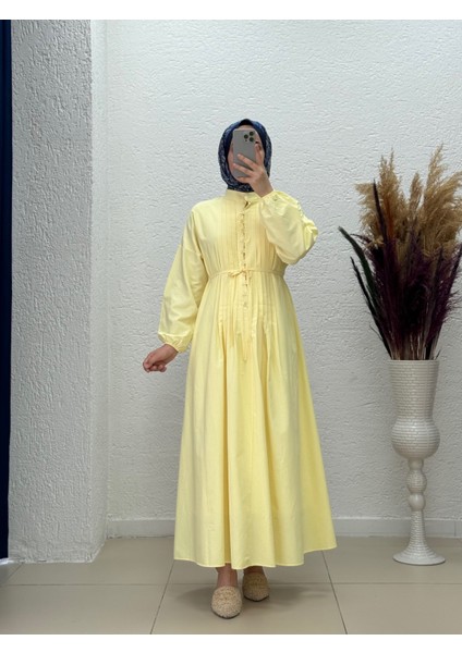 Maruna Poplin Pileli Düğmeli ELBISE-NA2404 Sarı