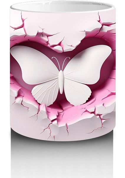 Kalp Şeklindeki Çatlak Zeminden Uçan Beyaz Kelebek - Baskılı Kahve Kupası modelleri