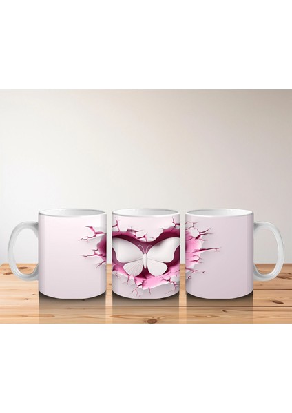 Kalp Şeklindeki Çatlak Zeminden Uçan Beyaz Kelebek - Baskılı Kahve Kupası indirimleri