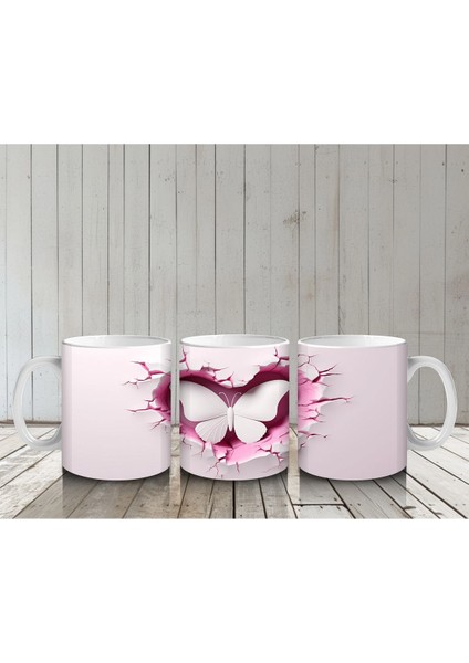 Kalp Şeklindeki Çatlak Zeminden Uçan Beyaz Kelebek - Baskılı Kahve Kupası