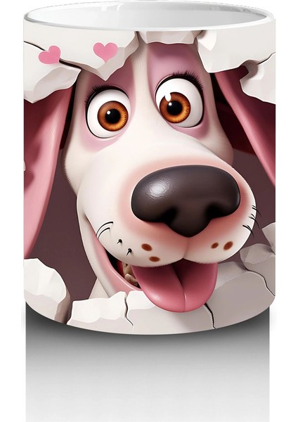 Pembe Kalplerle Çevrili Gülümseyen Karikatür Köpek - Baskılı Kahve Kupası modelleri