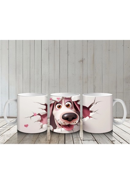 Pembe Kalplerle Çevrili Gülümseyen Karikatür Köpek - Baskılı Kahve Kupası