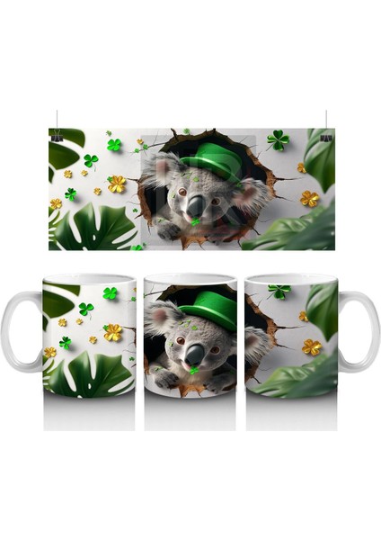 Yonca ve Yapraklarla Süslenmiş St. Patrick’s Koala - Baskılı Kahve Kupası