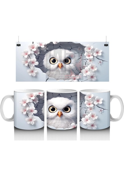 Kiraz Çiçekleri Arasında Minik Baykuş - Baskılı Kahve Kupası