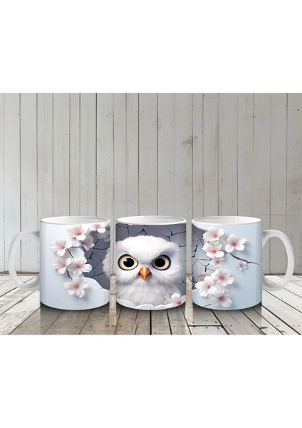 Kiraz Çiçekleri Arasında Minik Baykuş - Baskılı Kahve Kupası