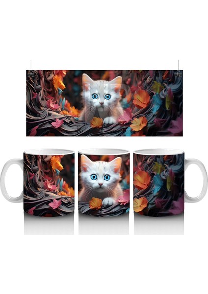Renkli Sonbahar Yaprakları Arasında Gözleri Parlayan Kedi – Baskılı Kahve Kupası