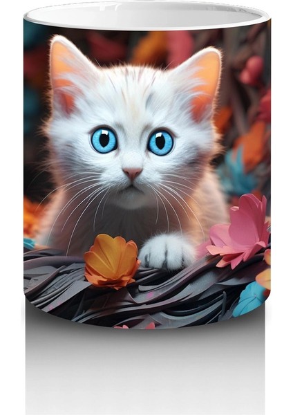 Renkli Sonbahar Yaprakları Arasında Gözleri Parlayan Kedi – Baskılı Kahve Kupası modelleri