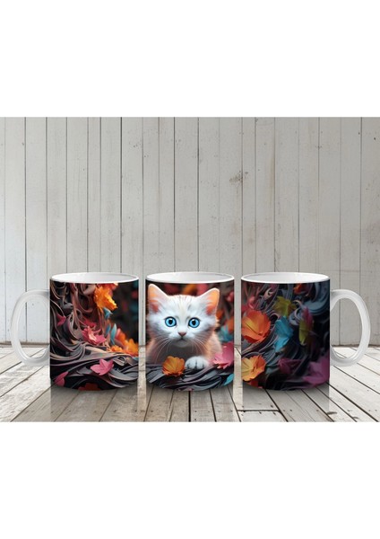 Renkli Sonbahar Yaprakları Arasında Gözleri Parlayan Kedi – Baskılı Kahve Kupası