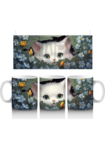 Koyu Fon Üzerinde Mavi Gözlü Sevimli Kedi – Baskılı Kahve Kupası