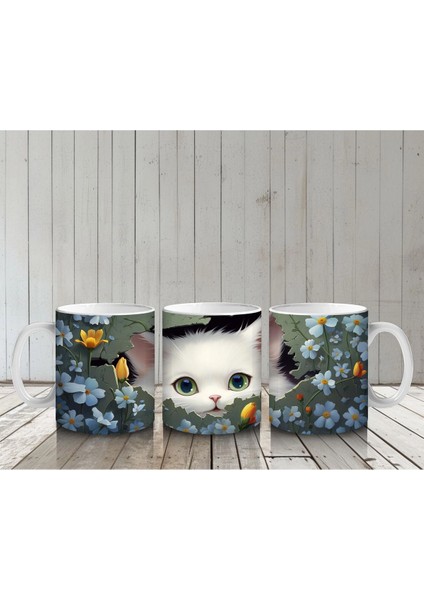 Koyu Fon Üzerinde Mavi Gözlü Sevimli Kedi – Baskılı Kahve Kupası