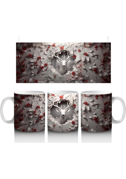 Kırmızı Yapraklarla Sarılmış Gotik Geyik Illüstrasyonu - Baskılı Kahve Kupası