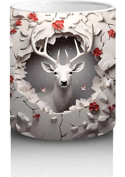 Kırmızı Yapraklarla Sarılmış Gotik Geyik Illüstrasyonu - Baskılı Kahve Kupası modelleri