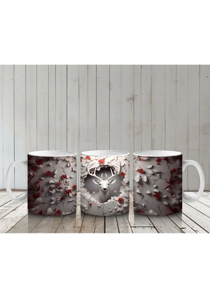 Kırmızı Yapraklarla Sarılmış Gotik Geyik Illüstrasyonu - Baskılı Kahve Kupası