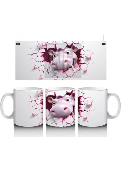 Pembe Çatlak Zeminden Bakan Sevimli Su Aygırı - Baskılı Kahve Kupası