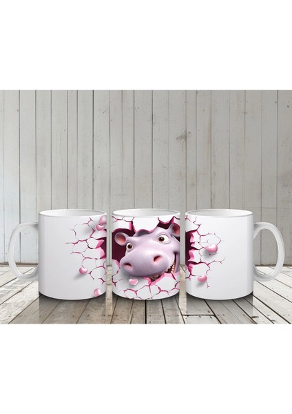 Pembe Çatlak Zeminden Bakan Sevimli Su Aygırı - Baskılı Kahve Kupası