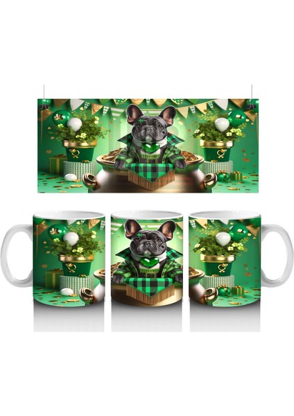 Fransız Bulldog ile St. Patrick Partisi – Altın Kazanlı Eğlenceli Kupa Tasarımı