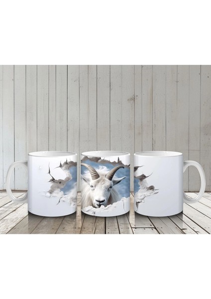 Mavi Gökyüzü Arka Planlı Çatlak Zeminden Bakan Dağ Keçisi - Baskılı Kahve Kupası