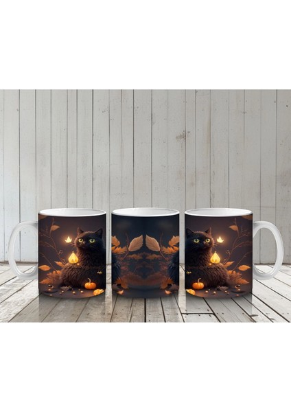 Yılbaşı Işıkları Arasında Siyah Kediler – Baskılı Kahve Kupası