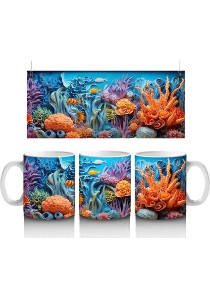 Sualtı Dünyasında Renkli Mercanlar ve Balıklar – Baskılı Kahve Kupası