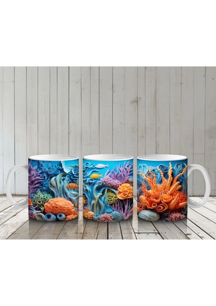 Sualtı Dünyasında Renkli Mercanlar ve Balıklar – Baskılı Kahve Kupası