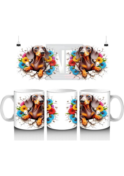 Renkli Çiçeklerle Süslenmiş Çatlak Zeminde Dachshund Köpek - Baskılı Kahve Kupası