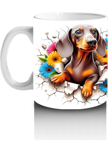 Renkli Çiçeklerle Süslenmiş Çatlak Zeminde Dachshund Köpek - Baskılı Kahve Kupası fiyatları