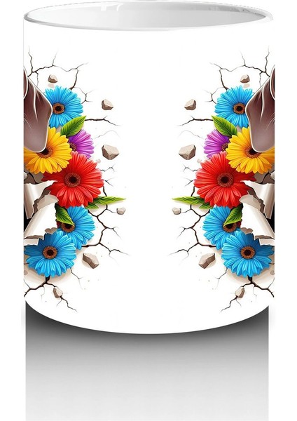 Renkli Çiçeklerle Süslenmiş Çatlak Zeminde Dachshund Köpek - Baskılı Kahve Kupası modelleri