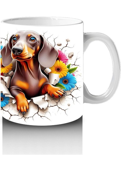 Renkli Çiçeklerle Süslenmiş Çatlak Zeminde Dachshund Köpek - Baskılı Kahve Kupası fırsatları