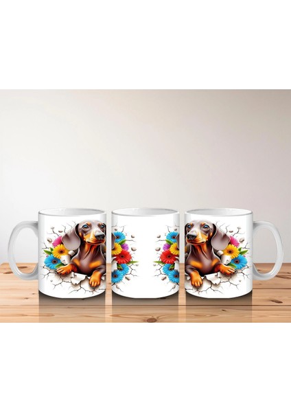 Renkli Çiçeklerle Süslenmiş Çatlak Zeminde Dachshund Köpek - Baskılı Kahve Kupası indirimleri