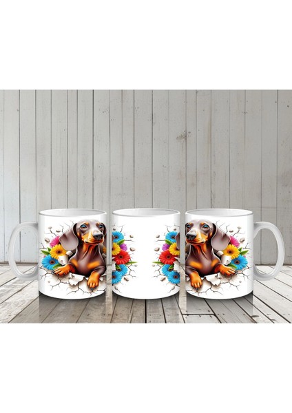 Renkli Çiçeklerle Süslenmiş Çatlak Zeminde Dachshund Köpek - Baskılı Kahve Kupası