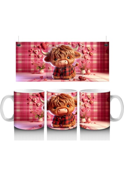 Kare Desenli Fon Üzerinde Romantik Boğa – Baskılı Kahve Kupası