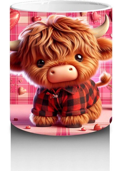 Kare Desenli Fon Üzerinde Romantik Boğa – Baskılı Kahve Kupası modelleri