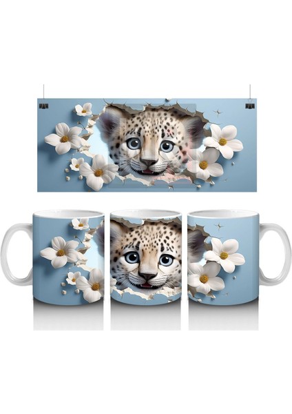 Çiçekli Fon Üzerinde Leopar Yavrusu – Baskılı Kahve Kupası