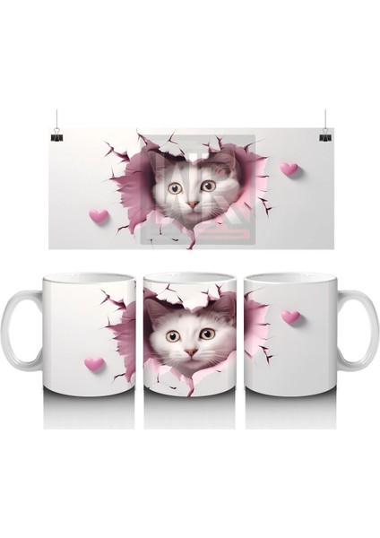 Çatlak Duvar Arasından Bakan Gri Kedi – Baskılı Kahve Kupası