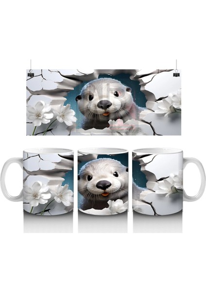 Beyaz Çiçeklerle Çevrili Duvar Arasında Sevimli Fok Yavrusu - Baskılı Kahve Kupası