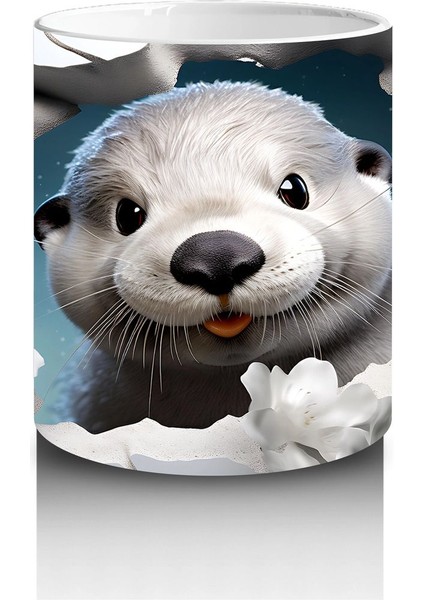 Beyaz Çiçeklerle Çevrili Duvar Arasında Sevimli Fok Yavrusu - Baskılı Kahve Kupası modelleri