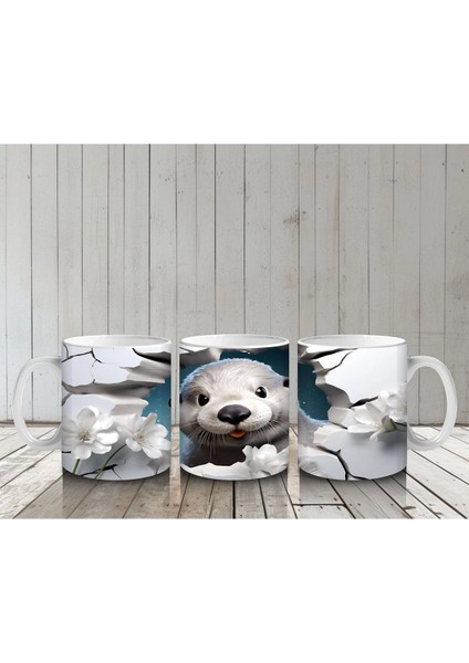 Beyaz Çiçeklerle Çevrili Duvar Arasında Sevimli Fok Yavrusu - Baskılı Kahve Kupası