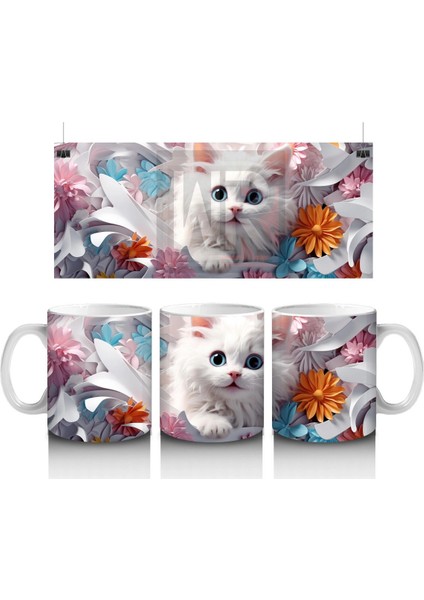 Turuncu Çiçekli Arka Plan Üzerine Beyaz Kedi – Baskılı Kupa