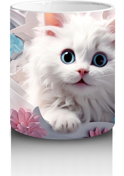 Turuncu Çiçekli Arka Plan Üzerine Beyaz Kedi – Baskılı Kupa modelleri