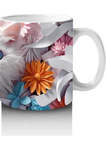 Turuncu Çiçekli Arka Plan Üzerine Beyaz Kedi – Baskılı Kupa fırsatları