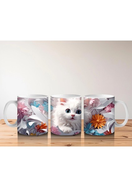 Turuncu Çiçekli Arka Plan Üzerine Beyaz Kedi – Baskılı Kupa indirimleri