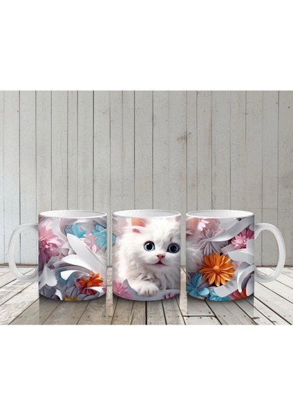 Turuncu Çiçekli Arka Plan Üzerine Beyaz Kedi – Baskılı Kupa